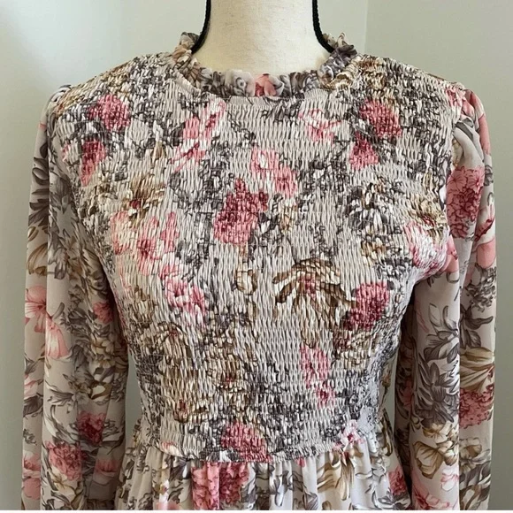 Coquette Girl Romantic Floral Dress size 10 Sage Pink Long Sleeve Mock Neck Maxi - Picture 3 of 4